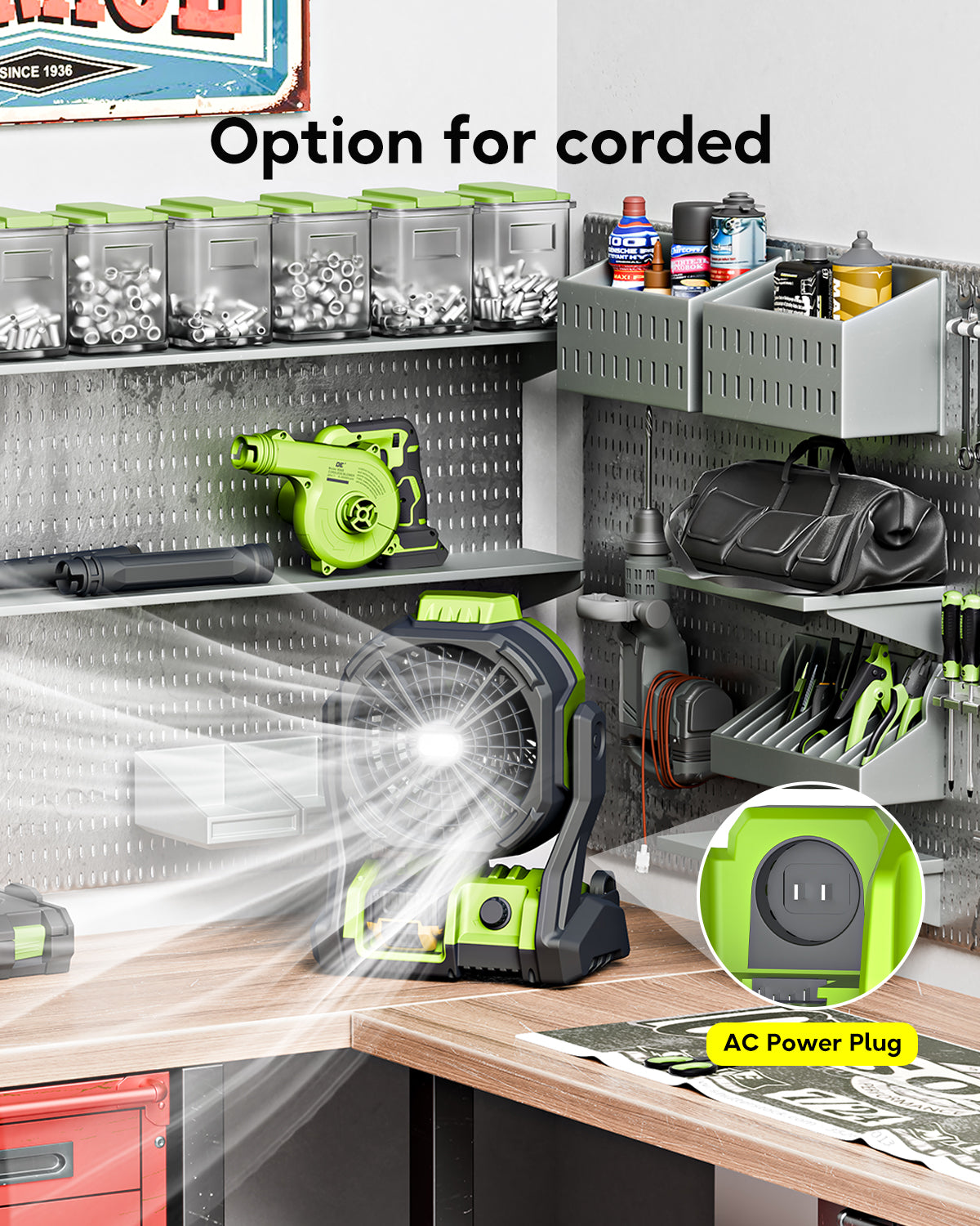 Battery Powered Fan, for DeWalt 20V Max Battery, Air Circulator Cordless, AC Corded Option, with LED Lights, for Household Ventilation Jobsite Construction Camping Workshop (Bare Tool Only)