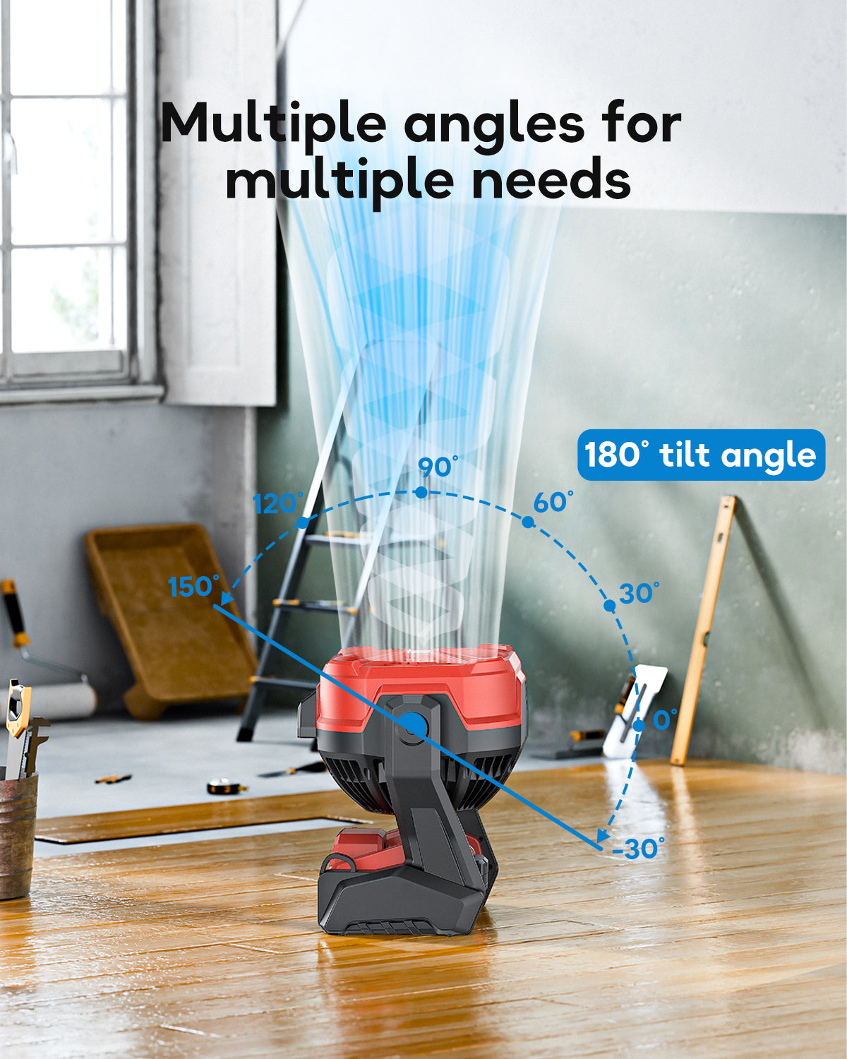 Battery Operated Fan, for Milwaukee M18 18V Battery, Camping Fan Cordless, Option for Corded, with LED Lights, Variable Speed, Hook for Hanging, for Jobsite, Red(Battery Not Included)