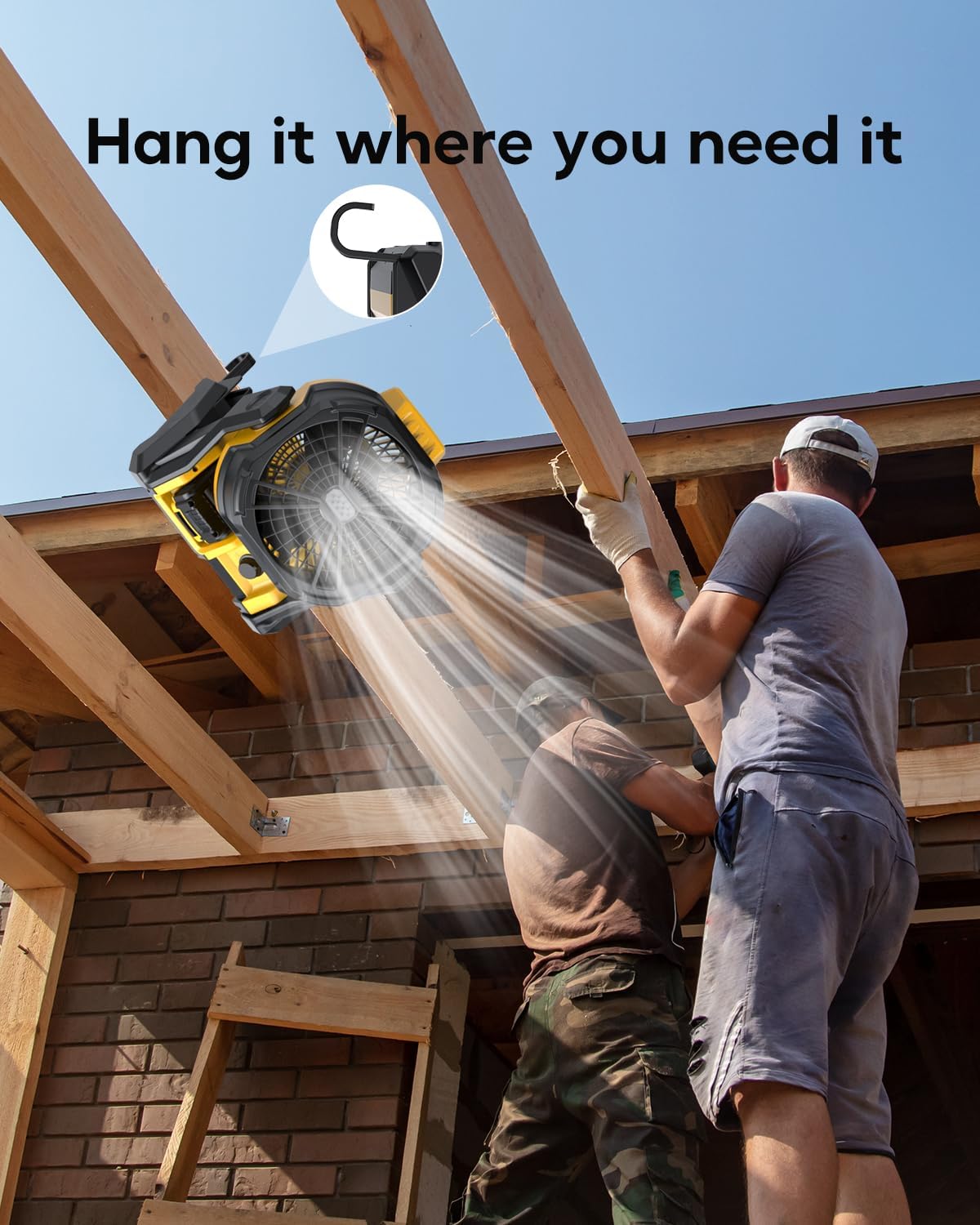 DeForce Battery Operated Fan, for DeWalt 20V Max Battery, Camping Fan Cordless, Option for Corded, with LED Lights, Variable Speed, Hook for Hanging, for Jobsite, Black(Battery Not Included)