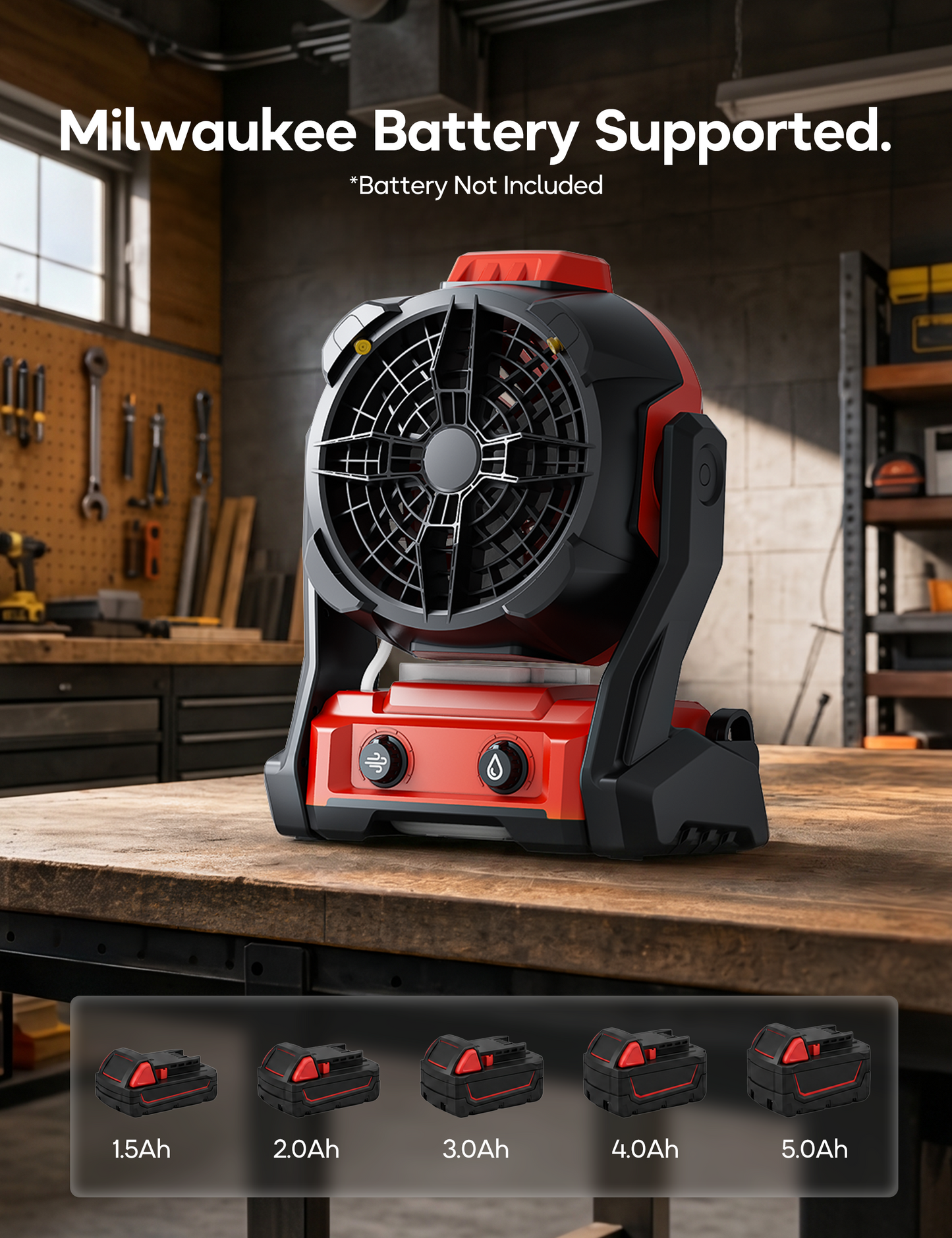 DeForce Portable Misting Fan, for Milwaukee M18 18V Battery, Cordless Personal Fan for Outdoor Cooling, Variable Speed, Hook for Hanging, Jobsite, Camping, USB Port, Outdoor&Indoor Use(Bare Tool Only)