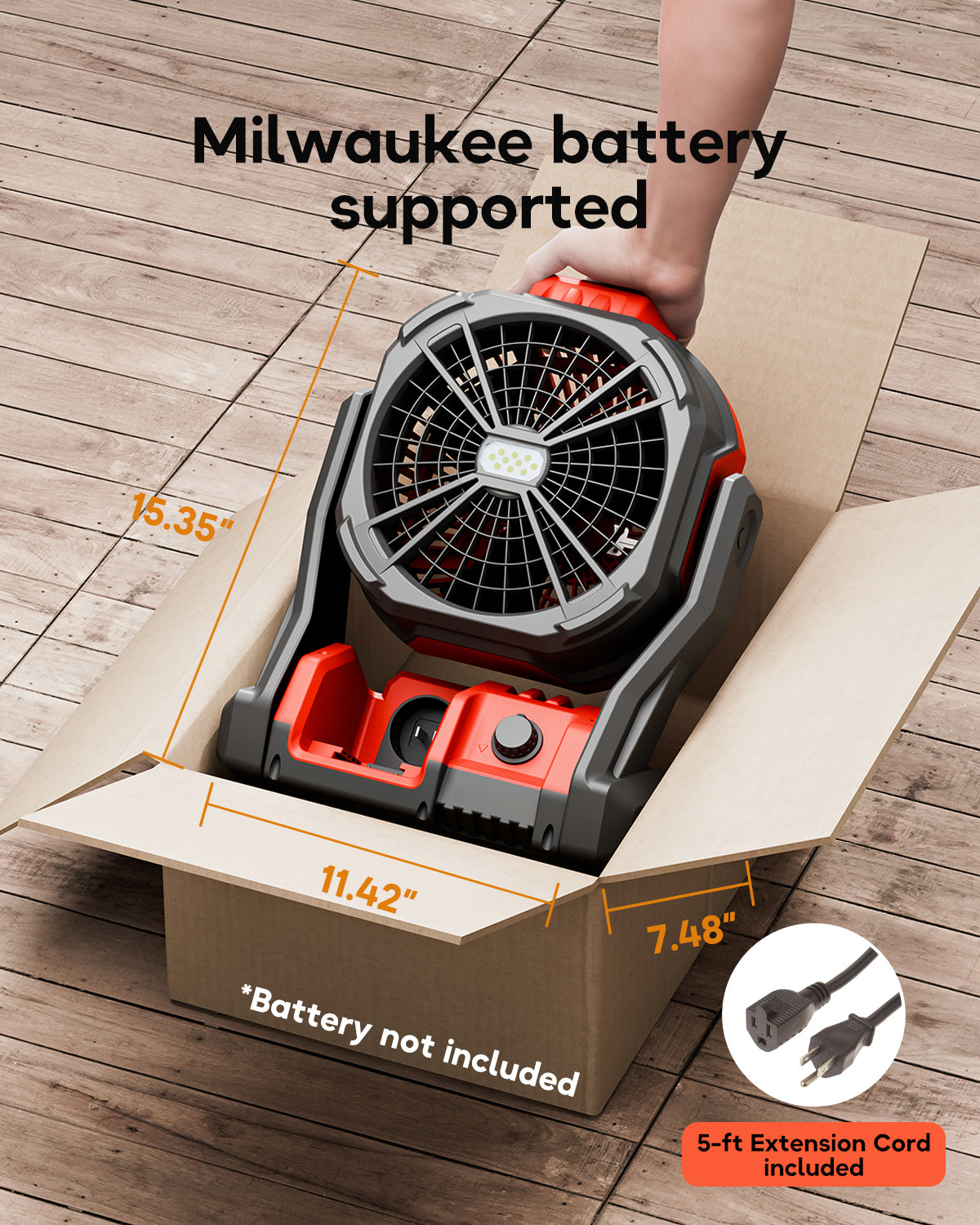 Battery Operated Fan, for Milwaukee M18 18V Battery, Camping Fan Cordless, Option for Corded, with LED Lights, Variable Speed, Hook for Hanging, for Jobsite, Red(Battery Not Included)