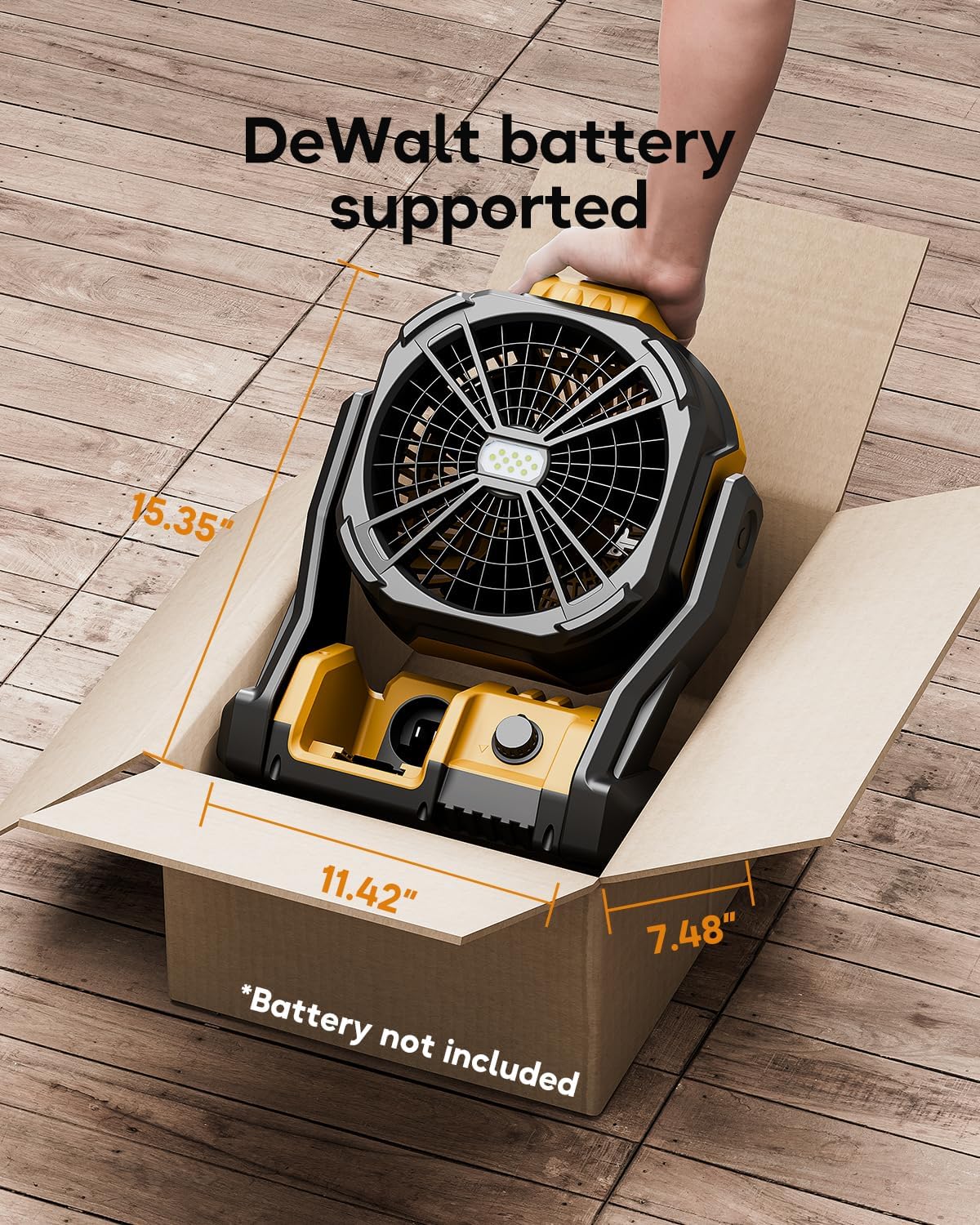 DeForce Battery Operated Fan, for DeWalt 20V Max Battery, Camping Fan Cordless, Option for Corded, with LED Lights, Variable Speed, Hook for Hanging, for Jobsite, Black(Battery Not Included)