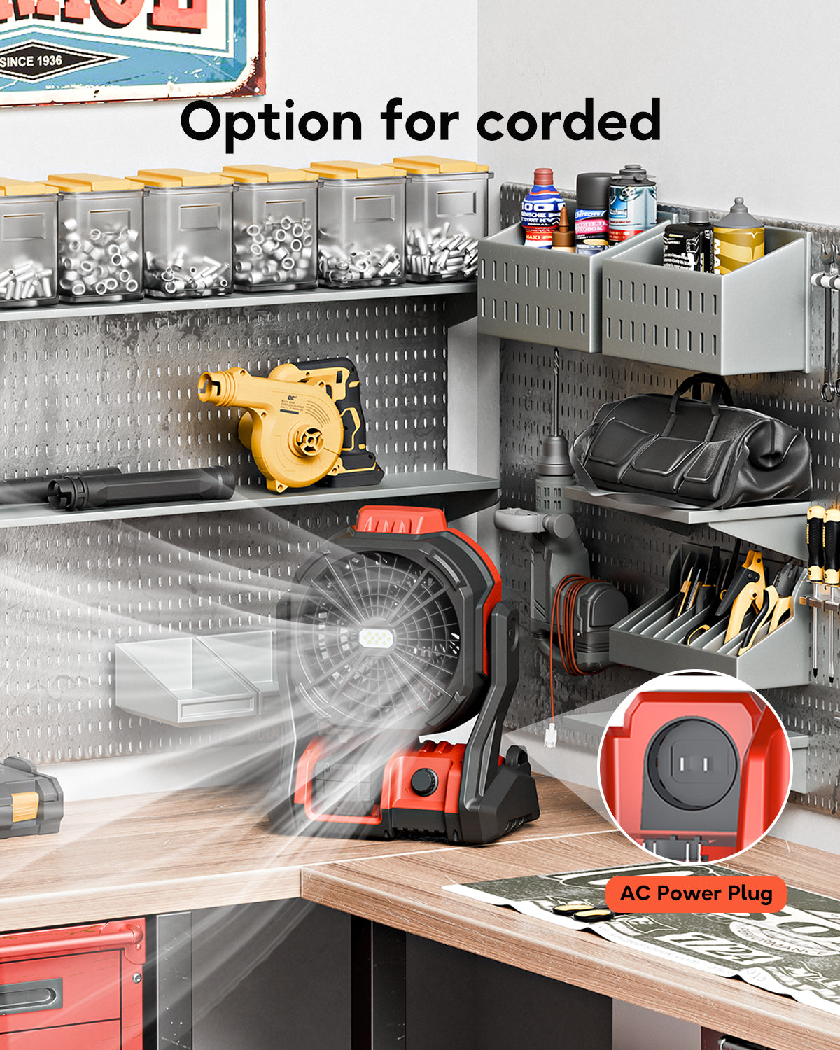 Battery Operated Fan, for Milwaukee M18 18V Battery, Camping Fan Cordless, Option for Corded, with LED Lights, Variable Speed, Hook for Hanging, for Jobsite, Red(Battery Not Included)