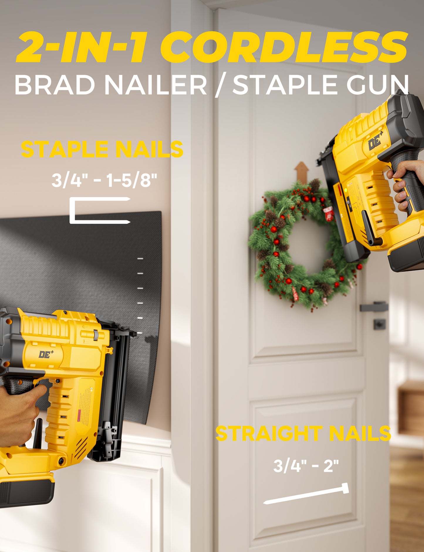 DeForce 18GA Cordless Brad Nailer, 2" Nail Gun for Dewalt 20V Max Battery, 2 IN 1 Electric Stapler, 2026 Upgraded Tool-Free Jam Release, 2 Firing Modes, Adjustable Depth, 1000pcs Nails(No Battery)