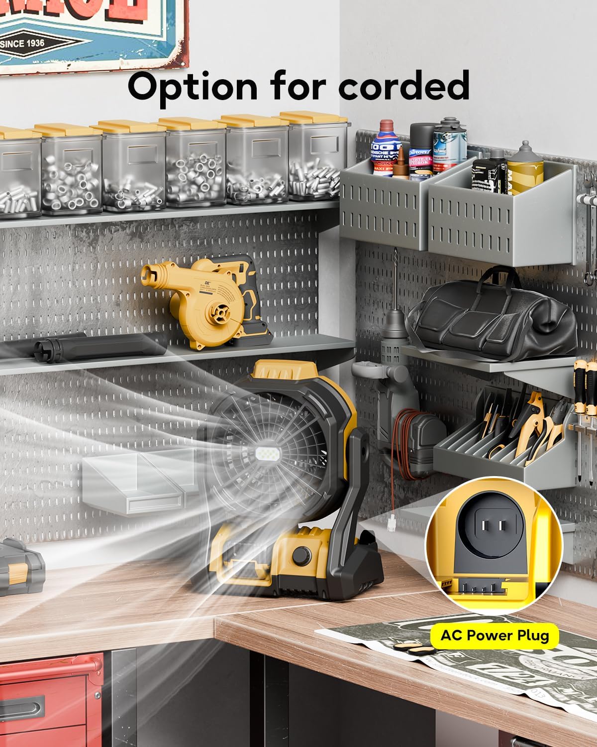 DeForce Battery Operated Fan, for DeWalt 20V Max Battery, Camping Fan Cordless, Option for Corded, with LED Lights, Variable Speed, Hook for Hanging, for Jobsite, Black(Battery Not Included)