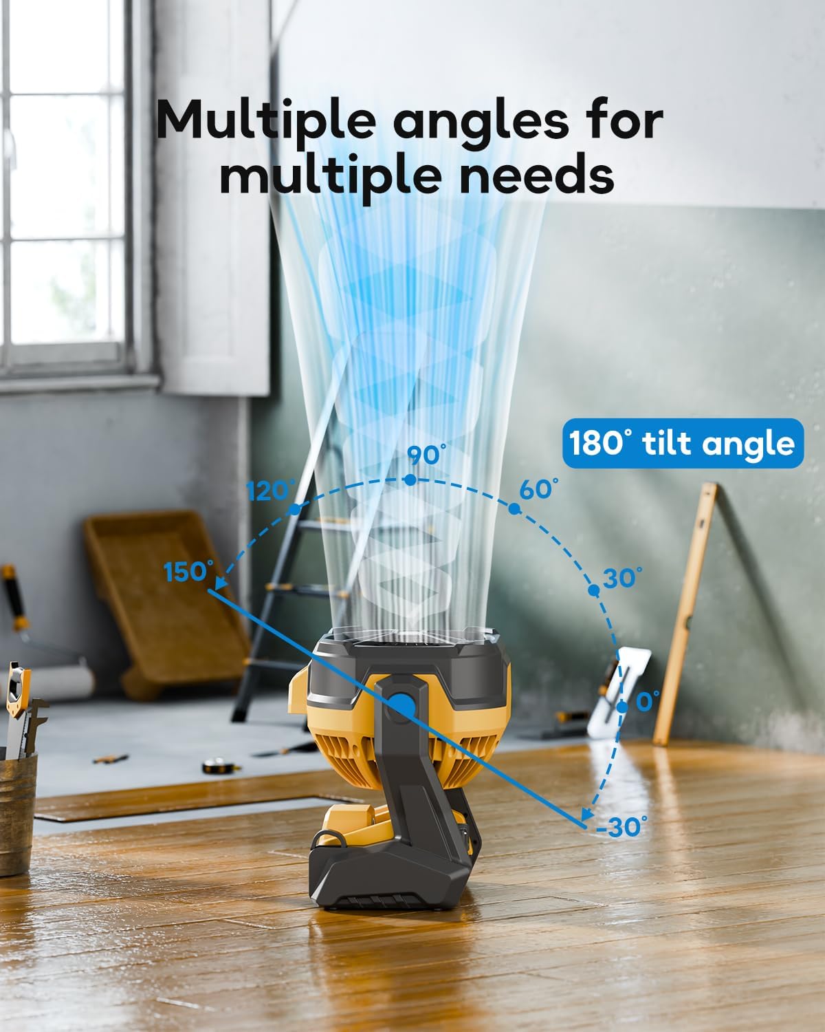 DeForce Battery Operated Fan, for DeWalt 20V Max Battery, Camping Fan Cordless, Option for Corded, with LED Lights, Variable Speed, Hook for Hanging, for Jobsite, Black(Battery Not Included)