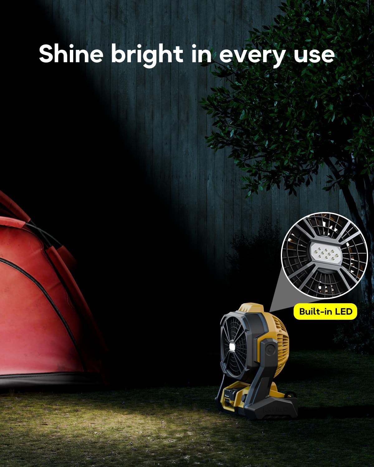 DeForce Battery Operated Fan, for DeWalt 20V Max Battery, Camping Fan Cordless, Option for Corded, with LED Lights, Variable Speed, Hook for Hanging, for Jobsite, Black(Battery Not Included)