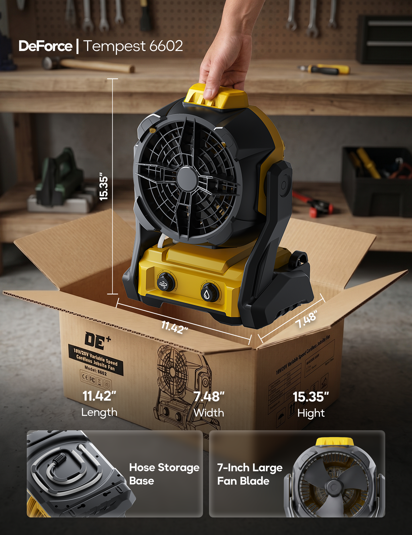 DeForce Portable Misting Fan, for DeWalt 20V Max Battery, Cordless Personal Fan for Outdoor Cooling, Variable Speed, Hook for Hanging, Jobsite, Camping, USB Port, Outdoor&Indoor Use(Bare Tool Only)